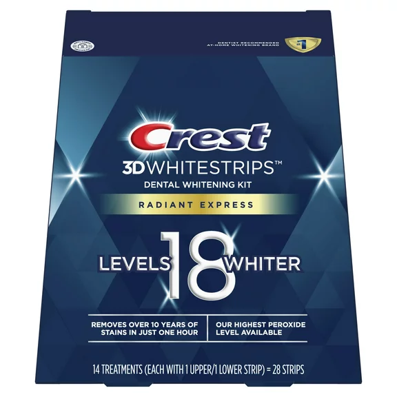 Crest 3DWhitestrips Radiant Express At-home Teeth Whitening Kit, 14 Treatments, 18 Levels Whiter