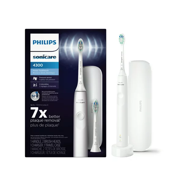 Philips Sonicare 4300 Power Toothbrush, Rechargeable Electric Toothbrush with Pressure Sensor, 2 Brush Heads, and Travel Case HX3684/23