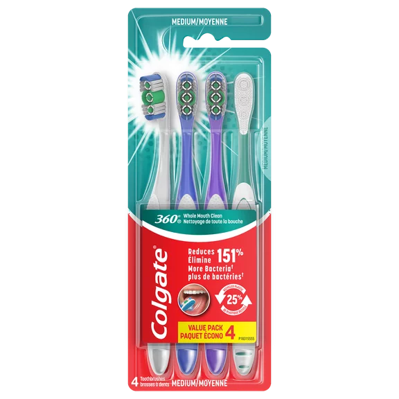 Colgate 360° Manual Toothbrush with Tongue and Cheek Cleaner, Medium, 4 Ct.