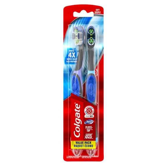 Colgate 360 Total Advanced Floss-Tip Sonic Powered Vibrating Toothbrush, Soft, 2 Count