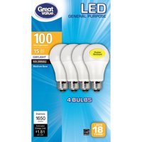 Great Value LED Light Bulb, 15 Watts (100W Equivalent) A19 General Purpose Lamp E26 Medium Base, Non-dimmable, Daylight, 4-Pack