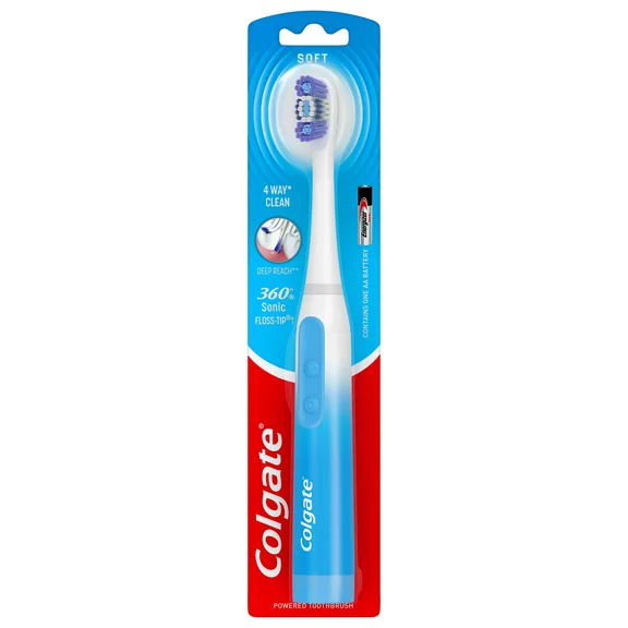 Colgate 360 Floss Tip Sonic Powered Battery Electric Toothbrush, Soft, 1 Count