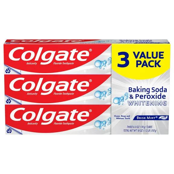 Colgate Baking Soda and Peroxide Whitening Toothpaste, Brisk Mint, 3 Pack